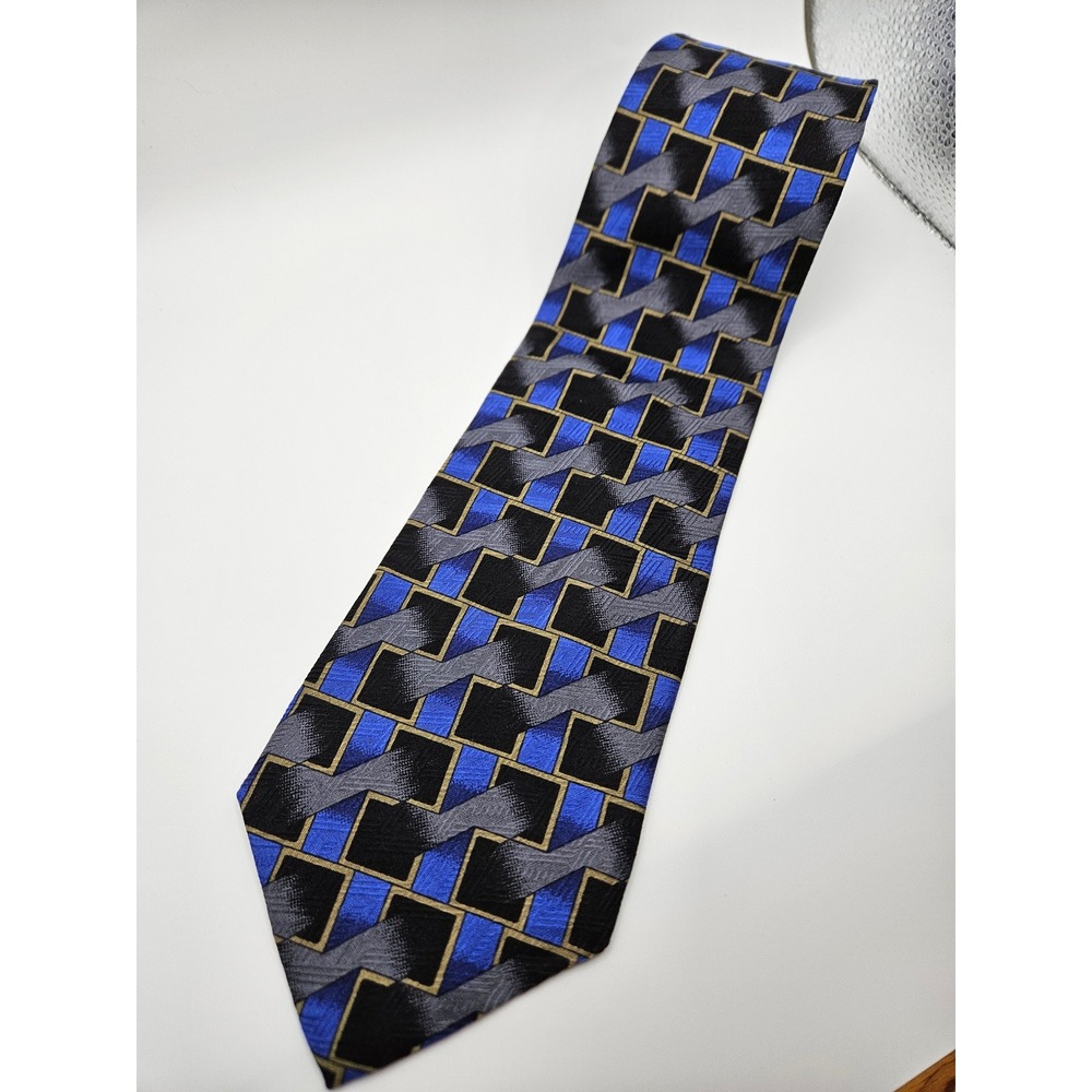 Louis Roth Mens Silk Tie Blue Black Grey Geometric Hand Sewn Italy Fabric USA